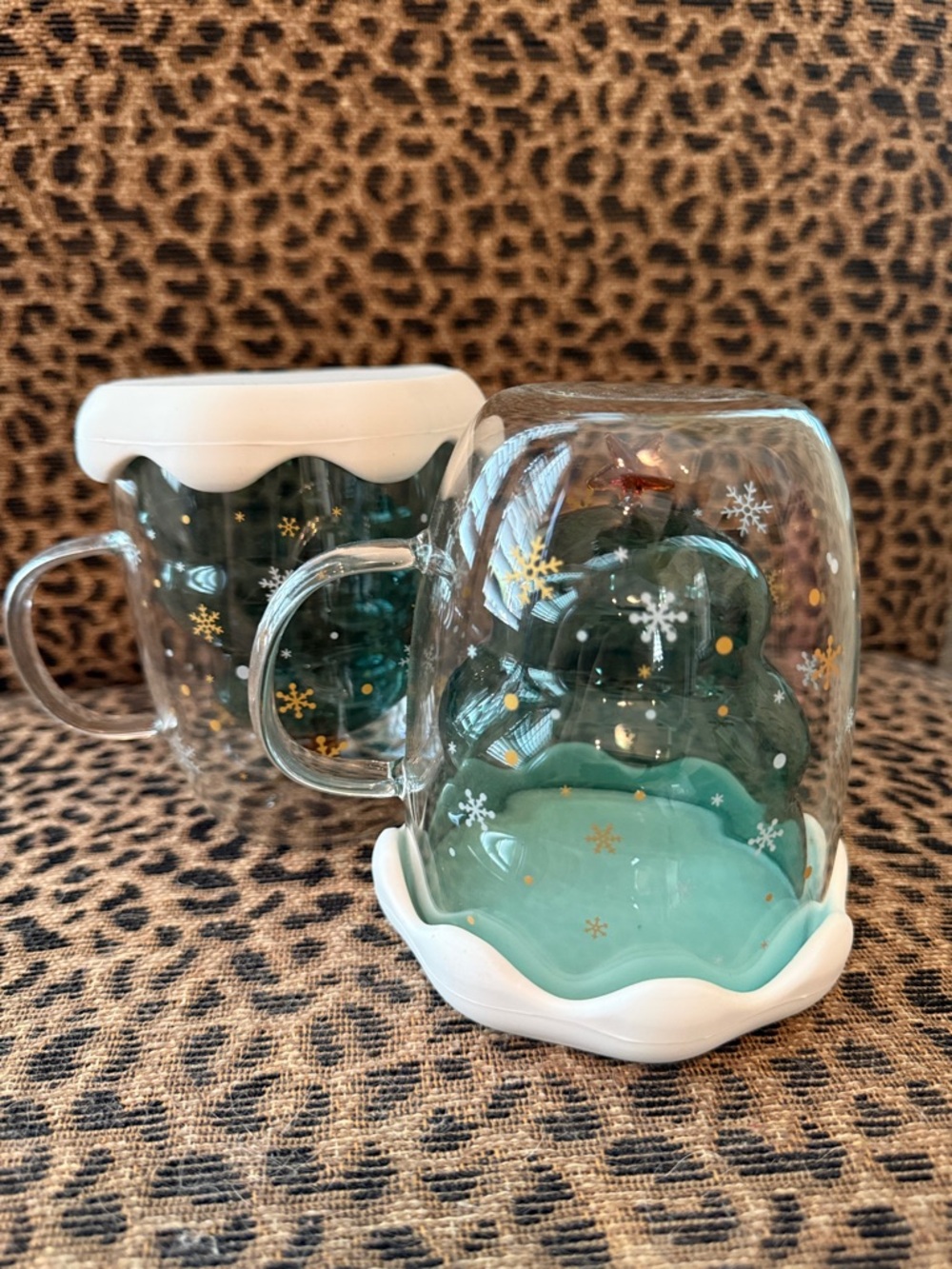 Glass Christmas Tree Mugs with Lids. Turn Upside Down to Stand Tree Upright!